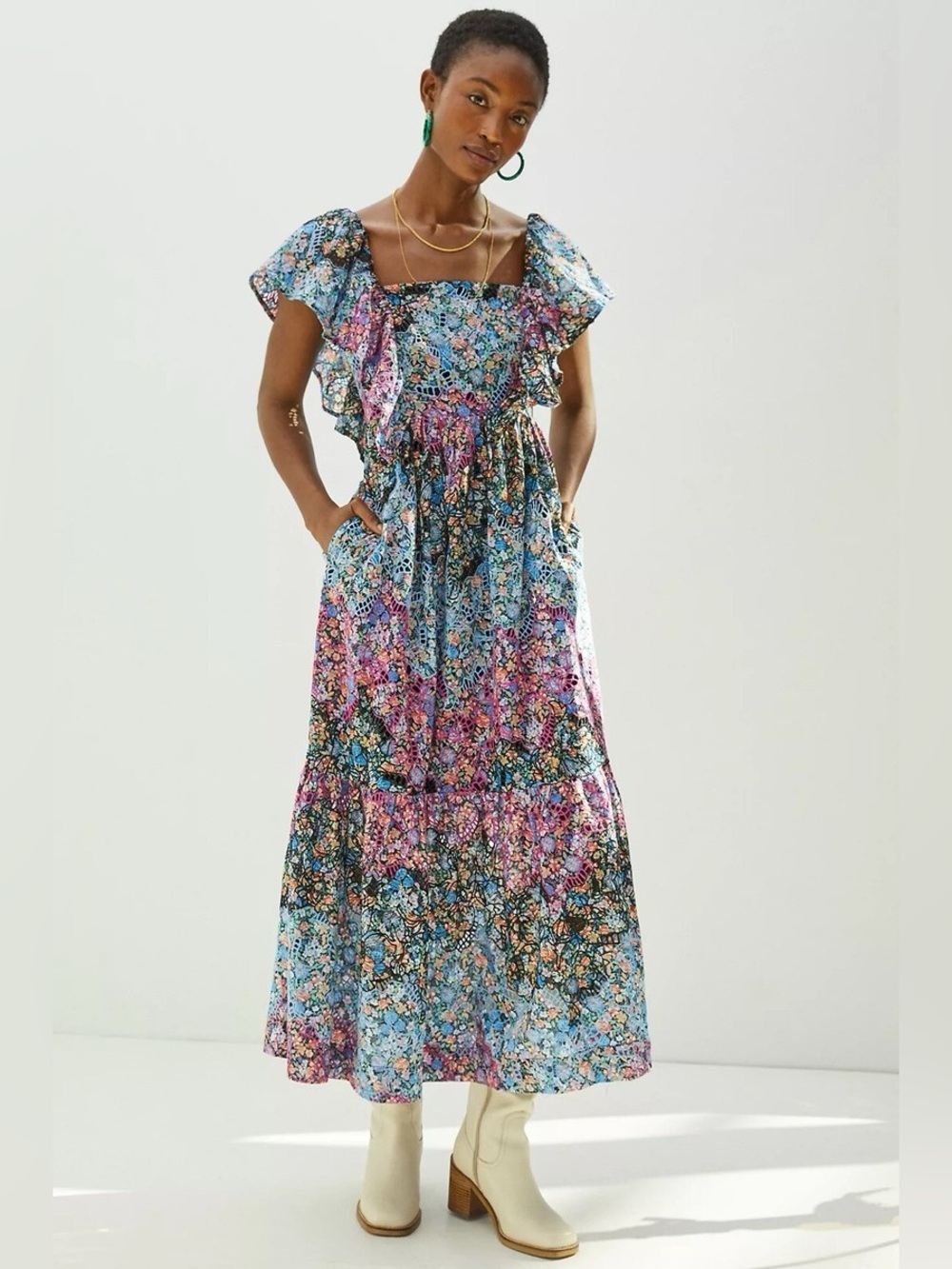 Anthropologie Clementina Eyelet maxi dress Floral Garden Flutter sleeve Medium